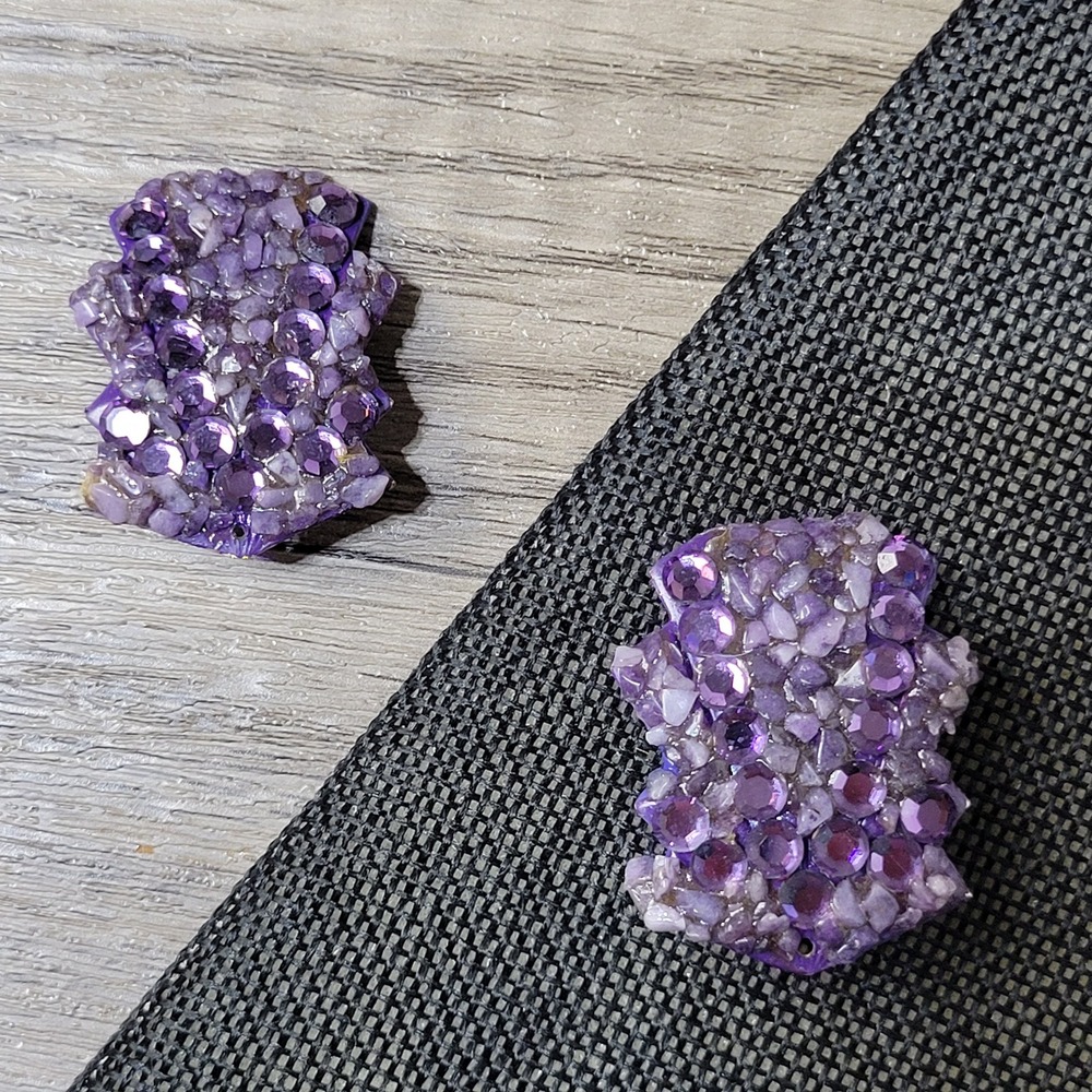1980s Art Deco revival pierced‎ earrings amethyst chips purple acrylic artisan